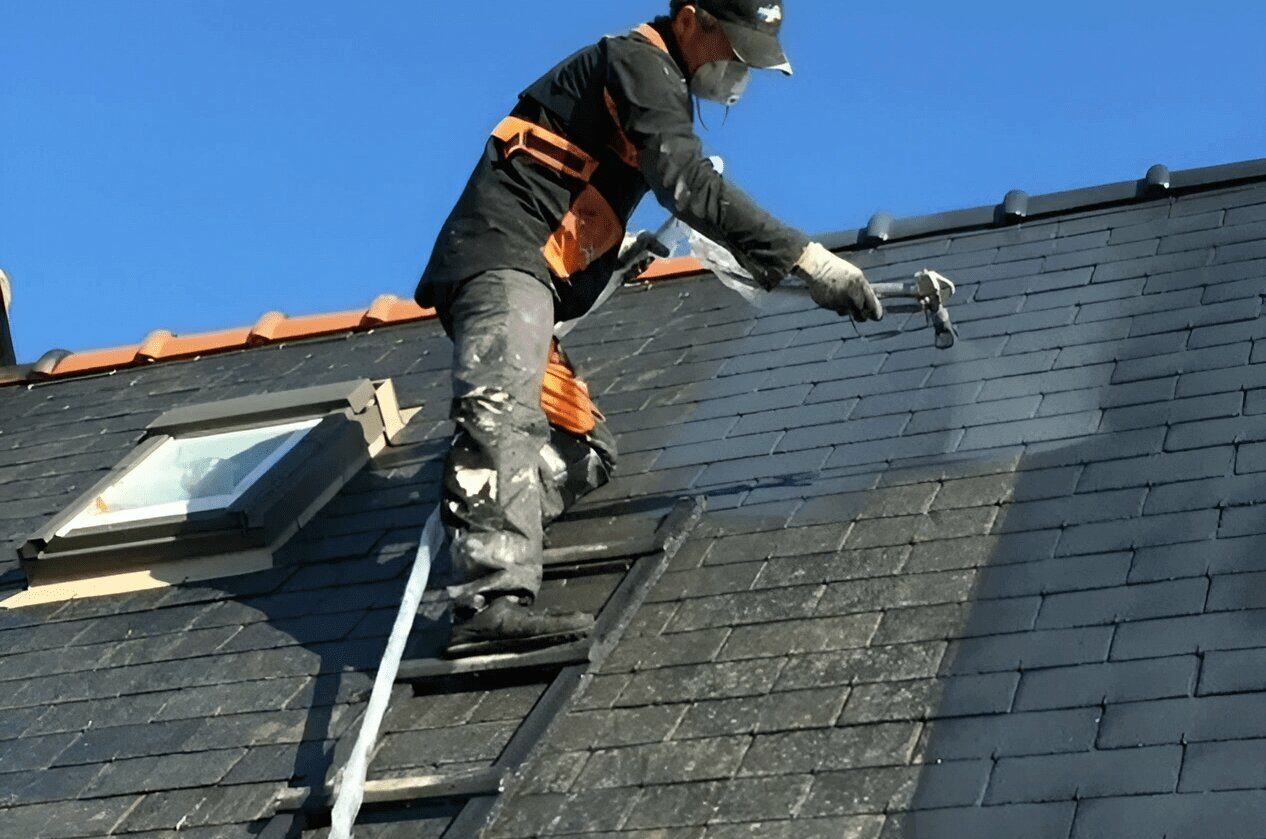 Couvreur sur un escabeau appliquant un produit sur la surface de la toiture d’une maison